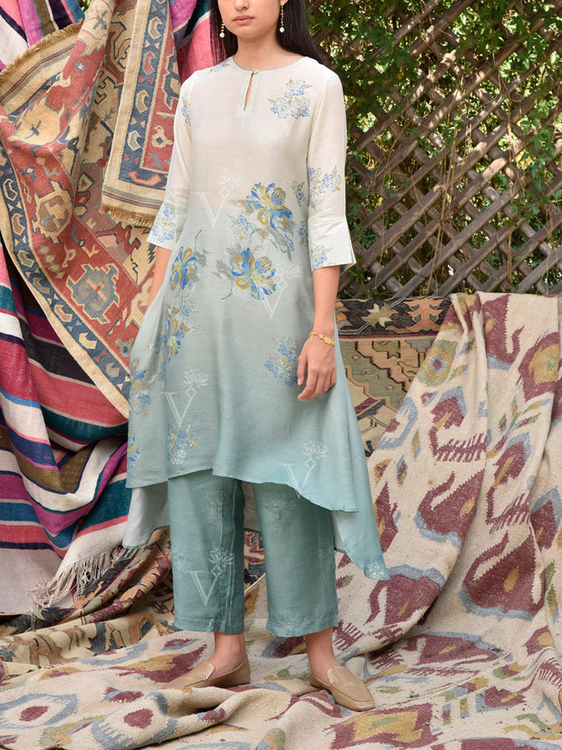 Sage Green and Off-White Vasansi Silk Printed Co Ord Set