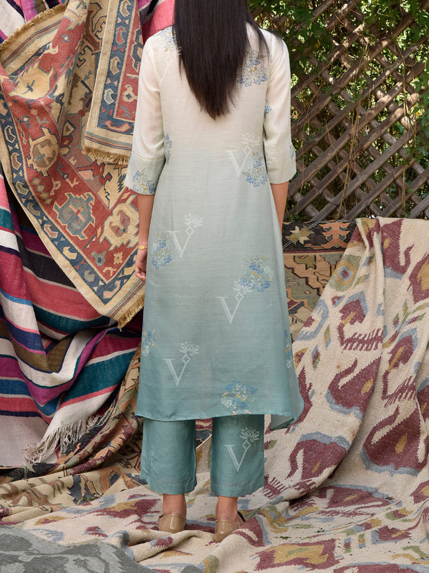 Sage Green and Off-White Vasansi Silk Printed Co Ord Set