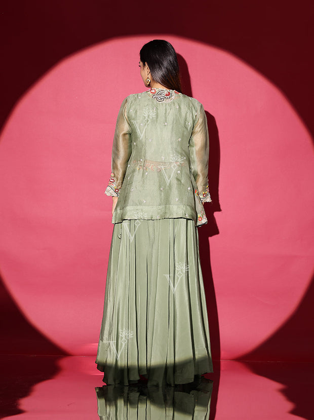 Moss Green Embroidered Jacket and Palazzo Set