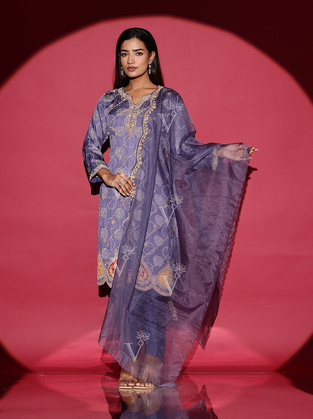 Slate Grey Embroidered Satin Suit Set
