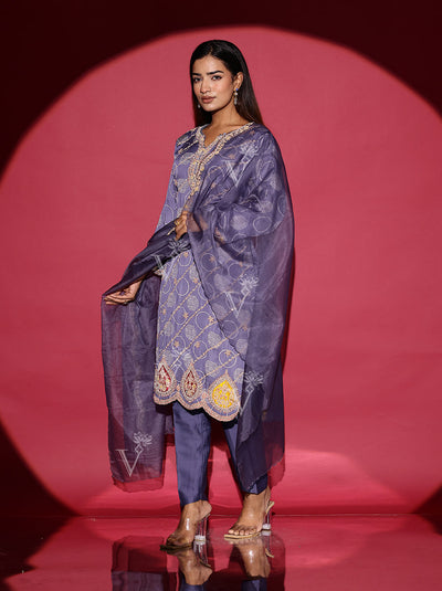 Slate Grey Embroidered Satin Suit Set