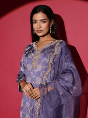 Slate Grey Embroidered Satin Suit Set