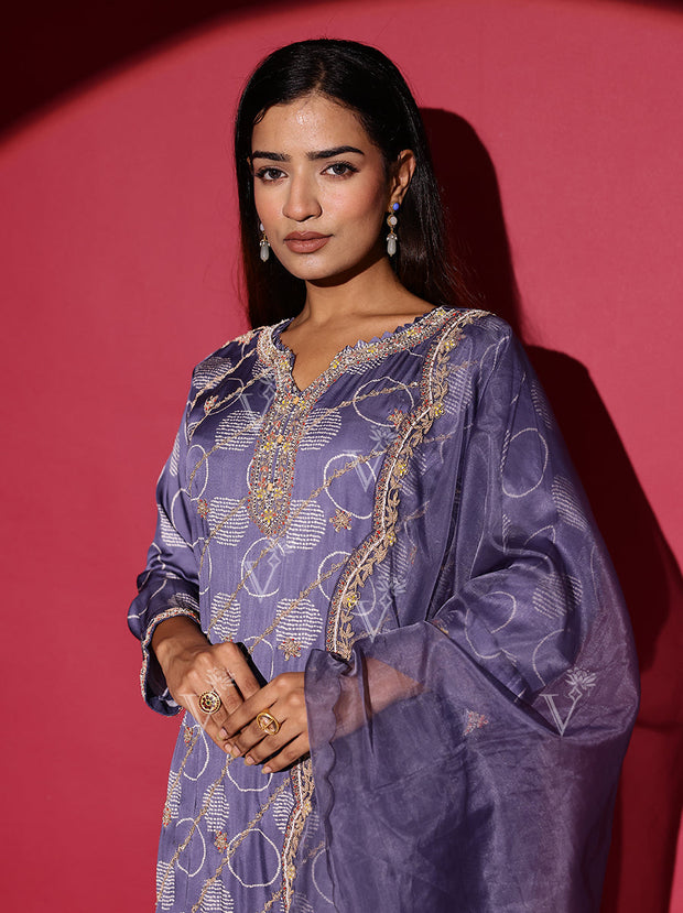 Slate Grey Embroidered Satin Suit Set