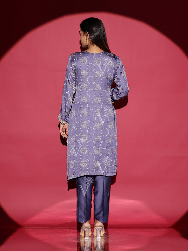 Slate Grey Embroidered Satin Suit Set
