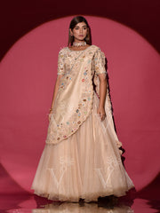 Beige Embroidered Organza Lehenga Set