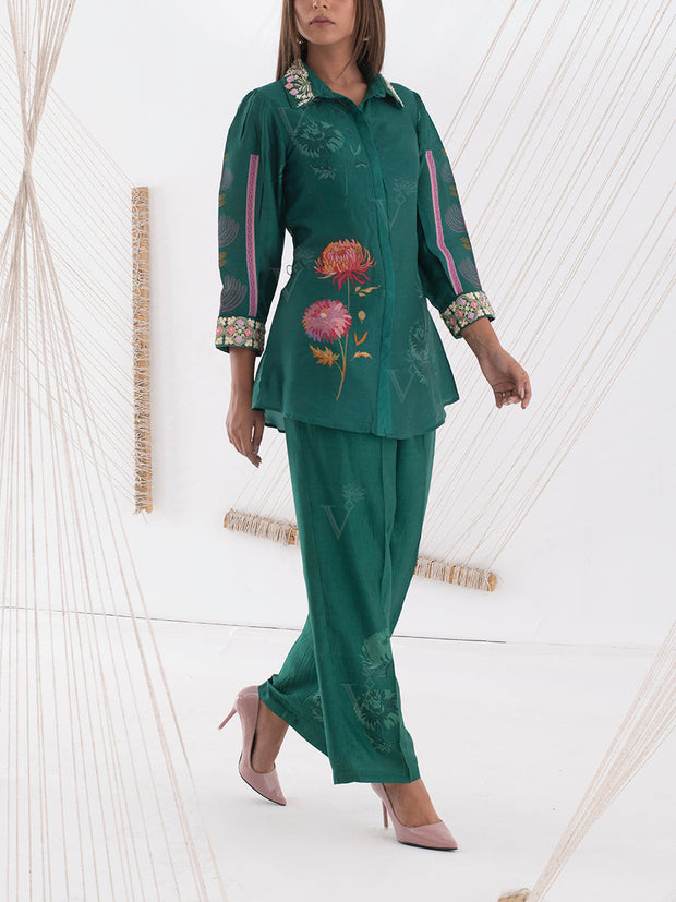 Green Floral Embroidered Co Ord Set
