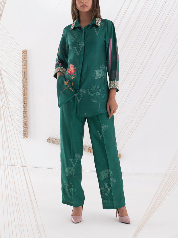 Green Floral Embroidered Co Ord Set