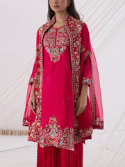 Red Organza Embroidred Cape Sharara Set