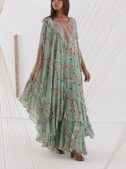 Sage Green Floral Cape Sharara Set