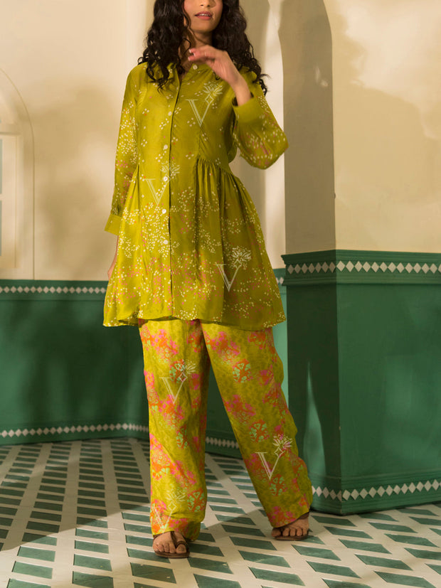Lime Green Bandhani Vasansi Silk Co Ord Set