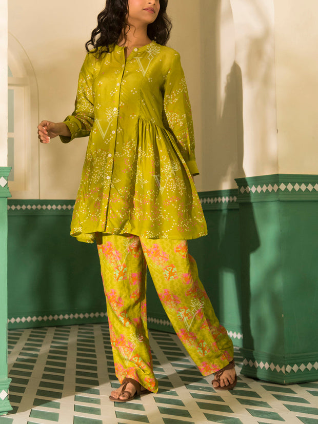 Lime Green Bandhani Vasansi Silk Co Ord Set