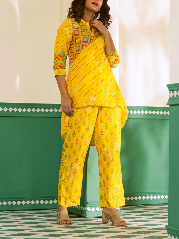 Yellow Vasansi Silk Leheriya Co Ord Set