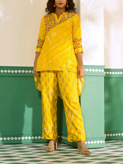 Yellow Vasansi Silk Leheriya Co Ord Set