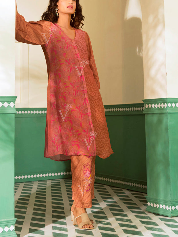 Salmon Pink and Beige Vasansi Silk Co Ord Set