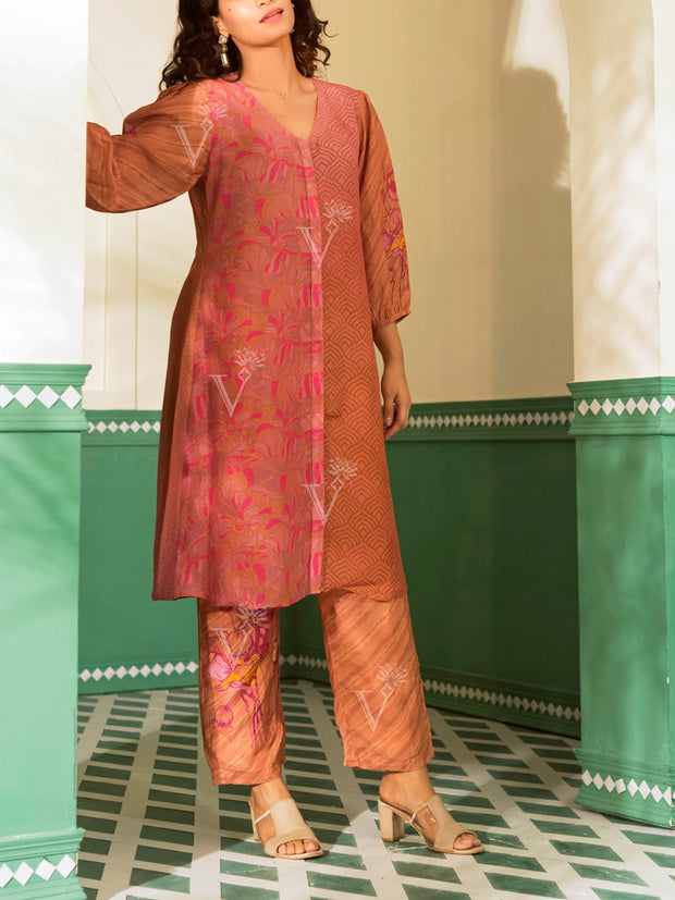 Salmon Pink and Beige Vasansi Silk Co Ord Set