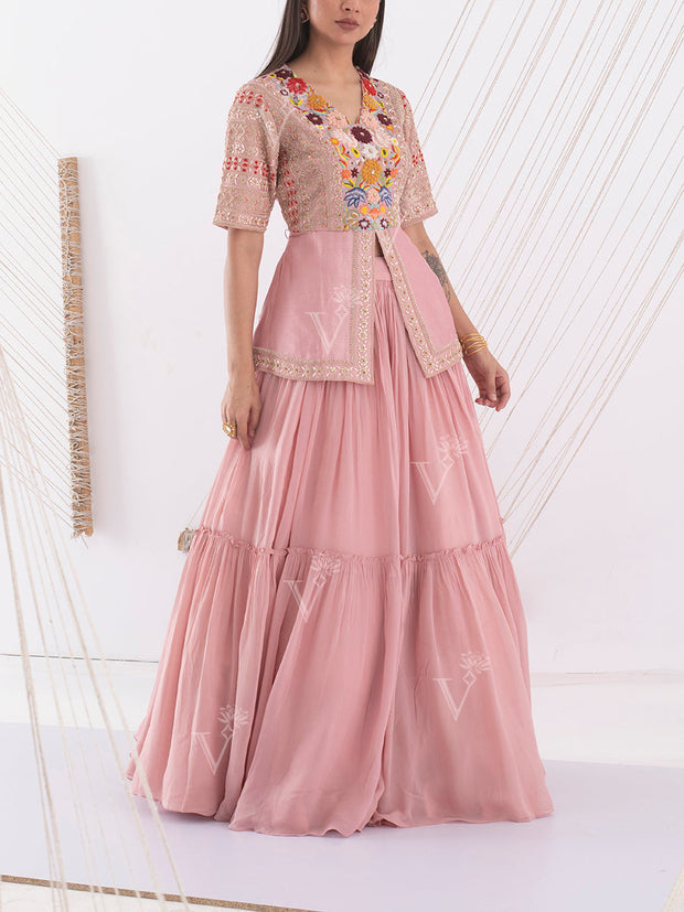 Pink Embroidered Peplum and Skirt Set