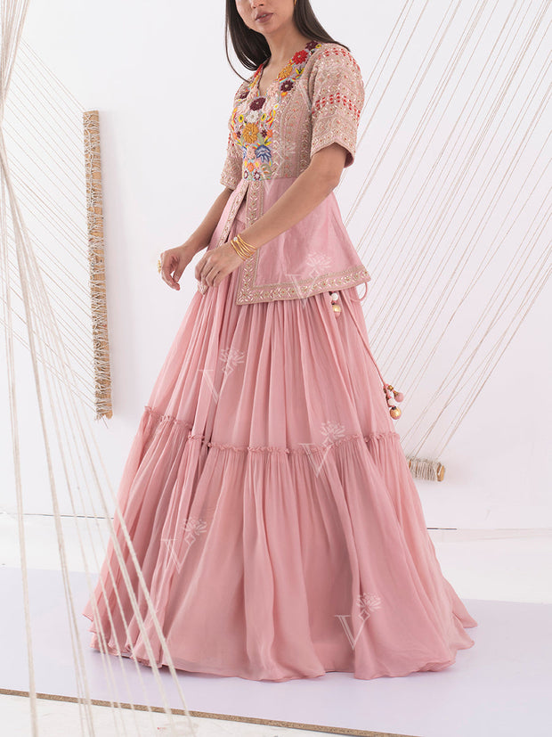 Pink Embroidered Peplum and Skirt Set