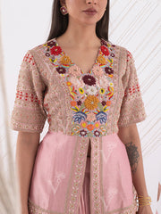 Pink Embroidered Peplum and Skirt Set