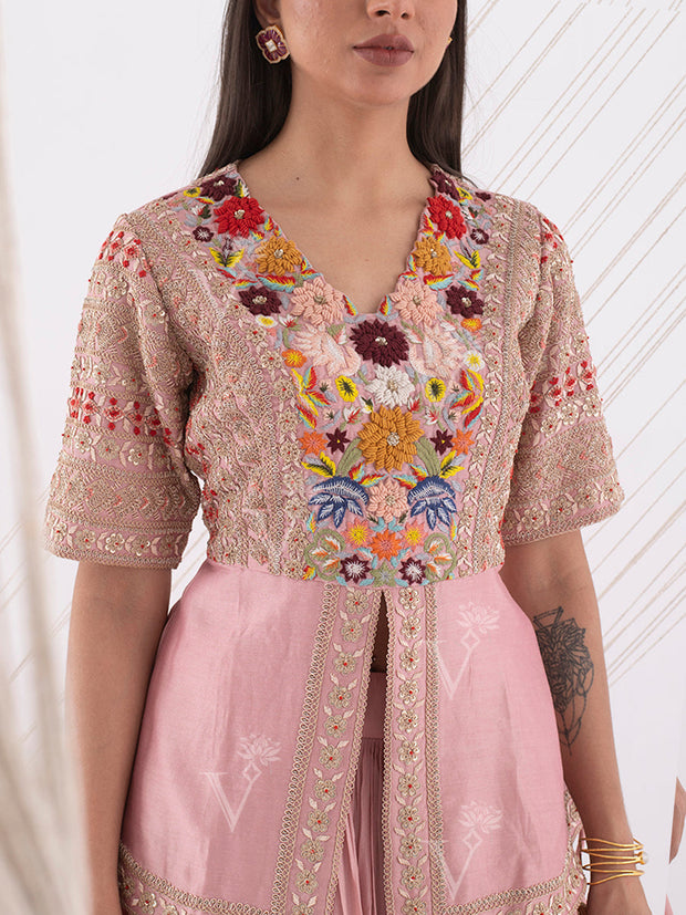Pink Embroidered Peplum and Skirt Set