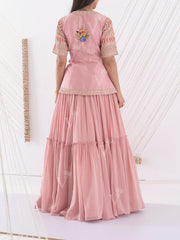 Pink Embroidered Peplum and Skirt Set