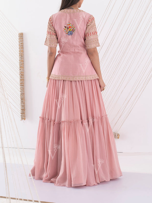 Pink Embroidered Peplum and Skirt Set