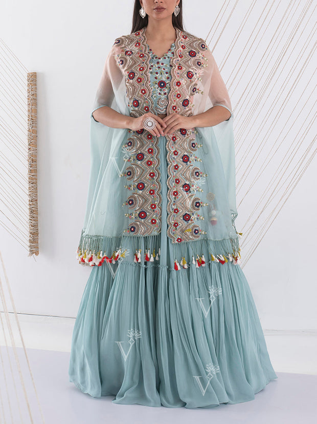 Sea Green Embroidered Jacket and Skirt Set