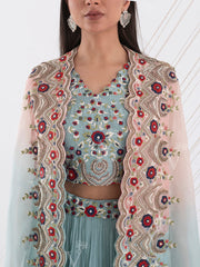 Sea Green Embroidered Jacket and Skirt Set