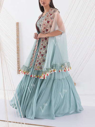 Sea Green Embroidered Jacket and Skirt Set