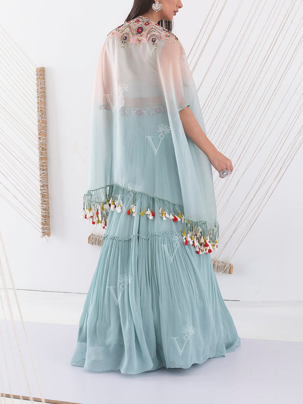 Sea Green Embroidered Jacket and Skirt Set