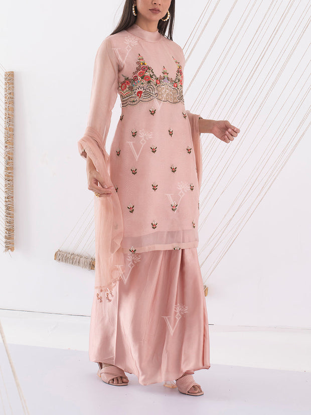 Peach Organza Embroidered Suit Set