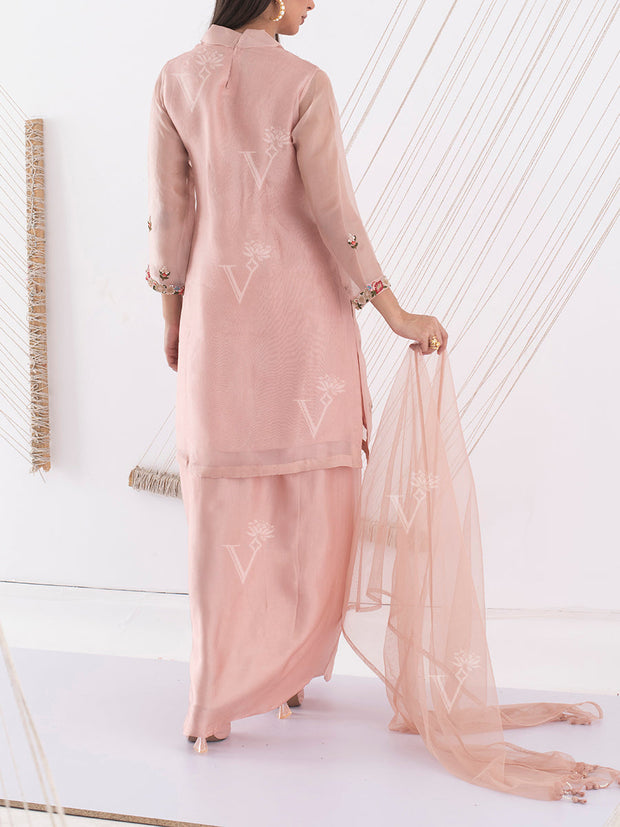 Peach Organza Embroidered Suit Set