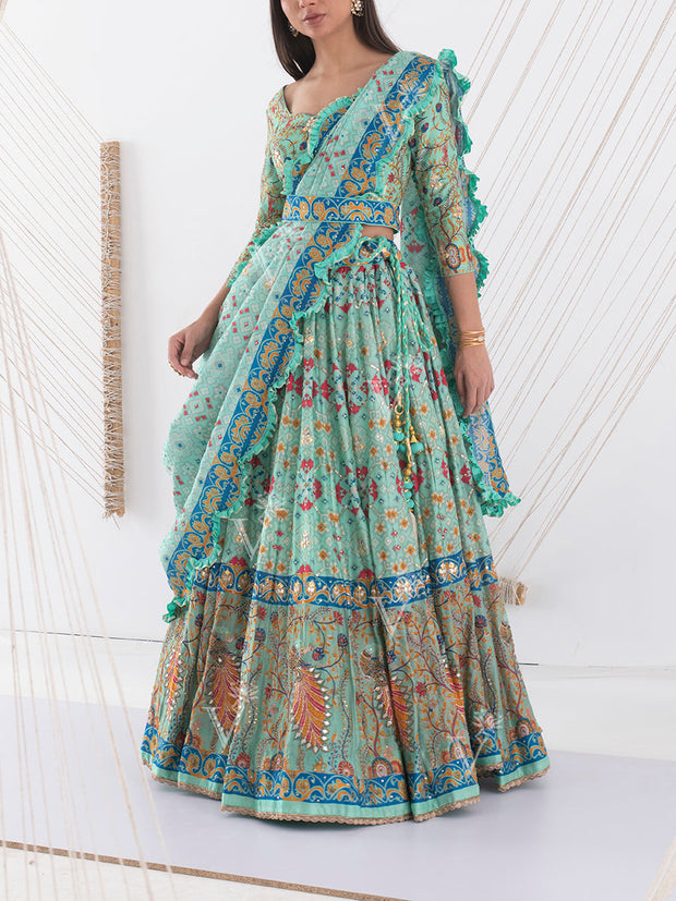 Green Vasansi Silk Patola Printed Lehenga Set