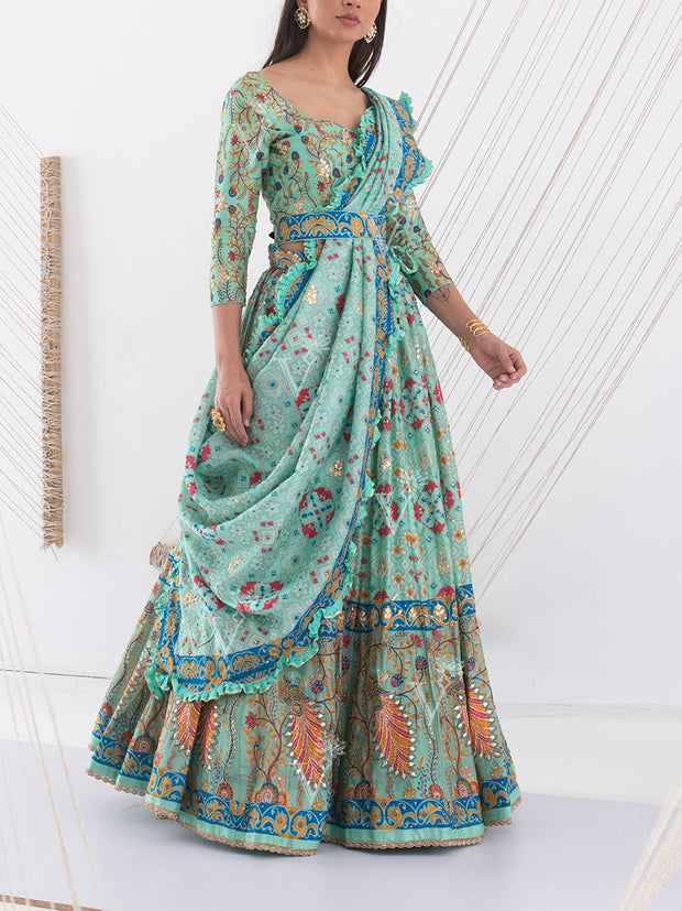 Green Vasansi Silk Patola Printed Lehenga Set