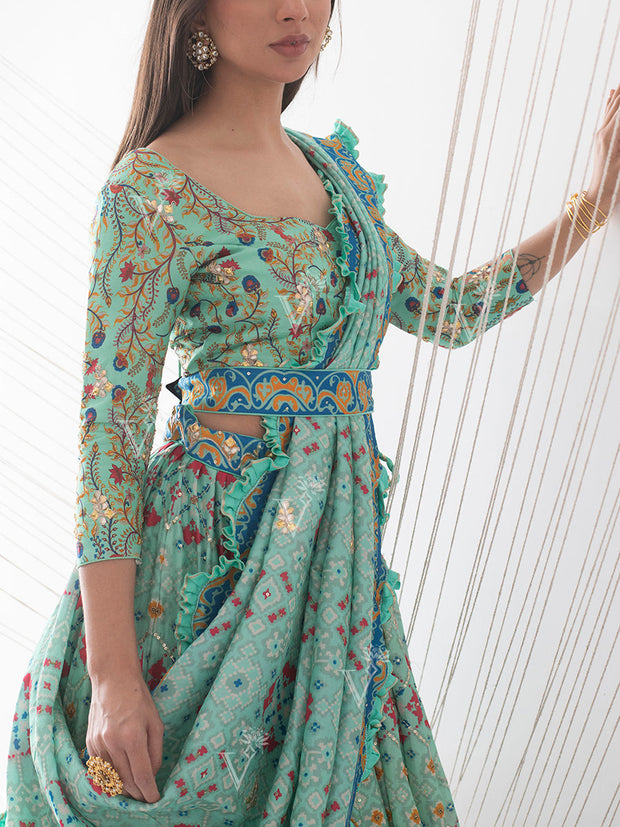 Green Vasansi Silk Patola Printed Lehenga Set