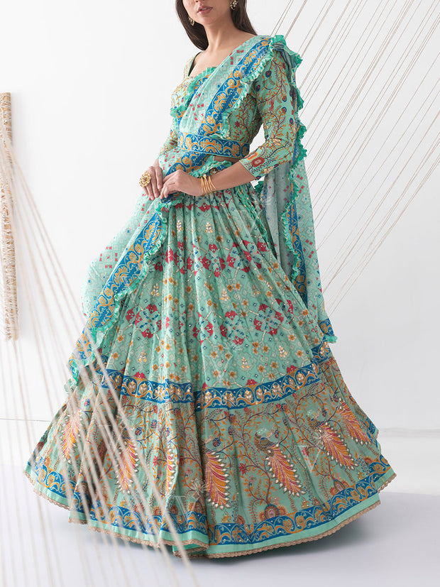 Green Vasansi Silk Patola Printed Lehenga Set