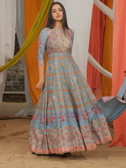 Grey Vasansi Silk Printed Anarkali Gown