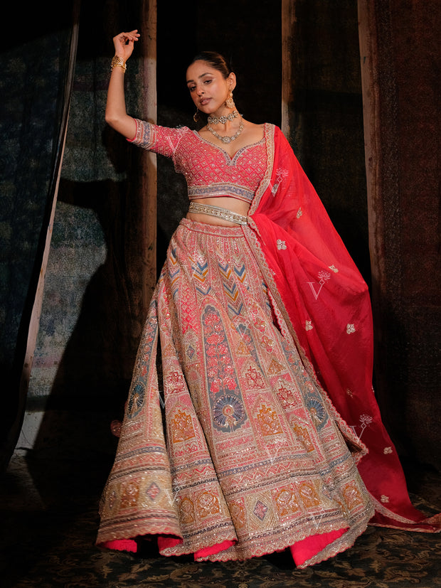 Red Raw Silk Lehenga Set