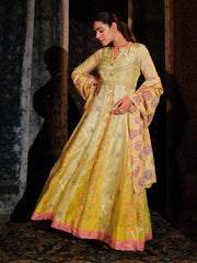 Lemon Yellow Vasansi Silk Printed Anarkali Gown