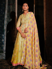 Lemon Yellow Vasansi Silk Printed Anarkali Gown