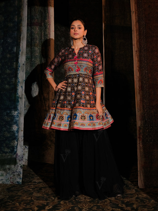 Black Vasansi Silk Peplum and Palazzo Set