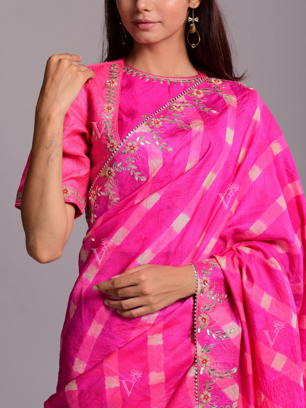 Hot Pink Silk Leheriya Gota Patti Saree