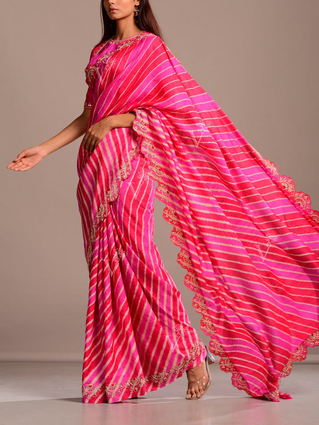 Pink And Coral Silk Leheriya Gota Patti Scalloping Saree