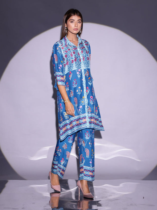 Cobalt Blue Vasansi Silk Floral Printed Co Ord Set