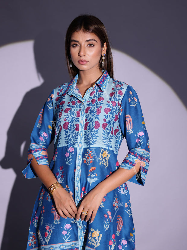Cobalt Blue Vasansi Silk Floral Printed Co Ord Set