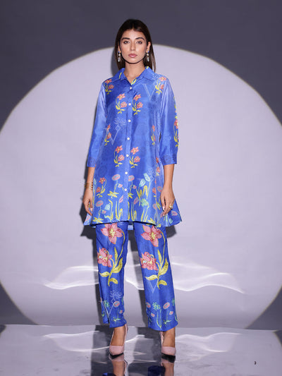 Azure Blue Vasansi Silk Floral Printed Co Ord Set