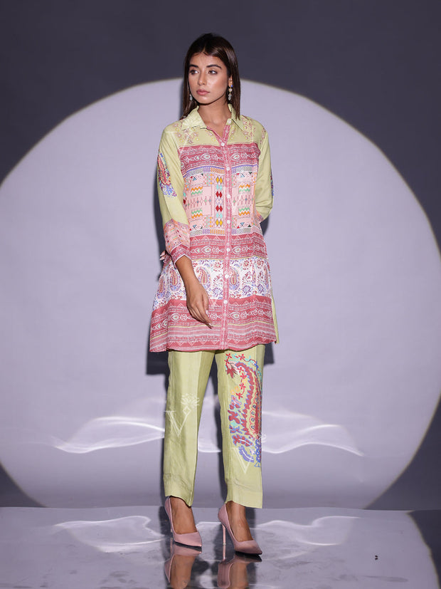 Mint Green and Brown Printed Vasansi Silk Co Ord Set