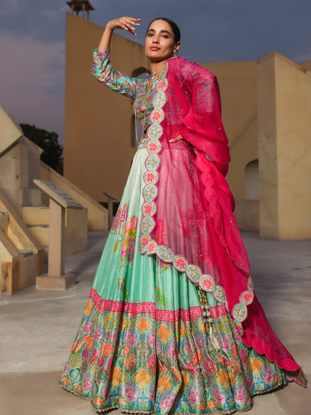 Aqua Shaded Vasnasi Silk Lehenga - Mimosa Dreams