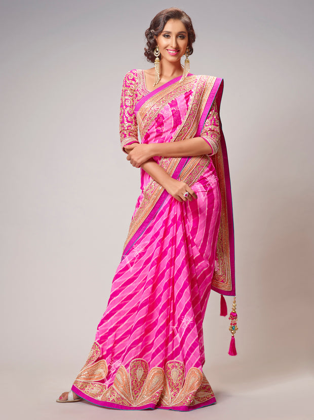 Pink Pure Georgette Leheriya Saree